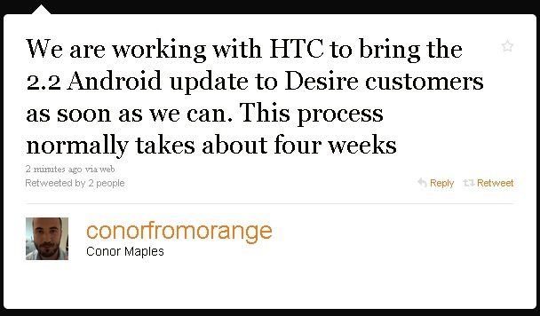 orange htc desire froyo update demorado