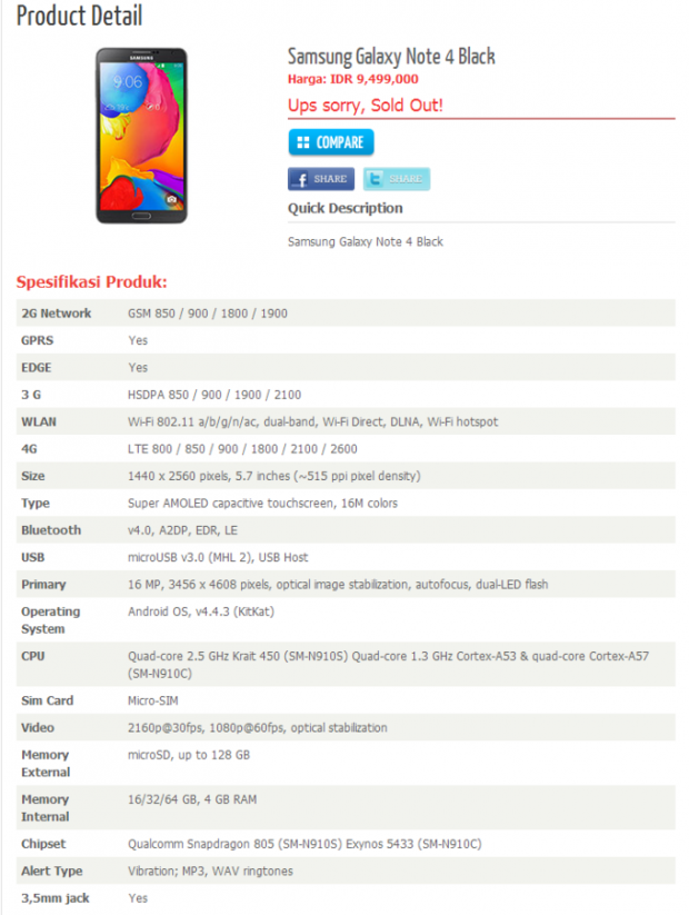 Samsung Galaxy Note 4 especificaciones