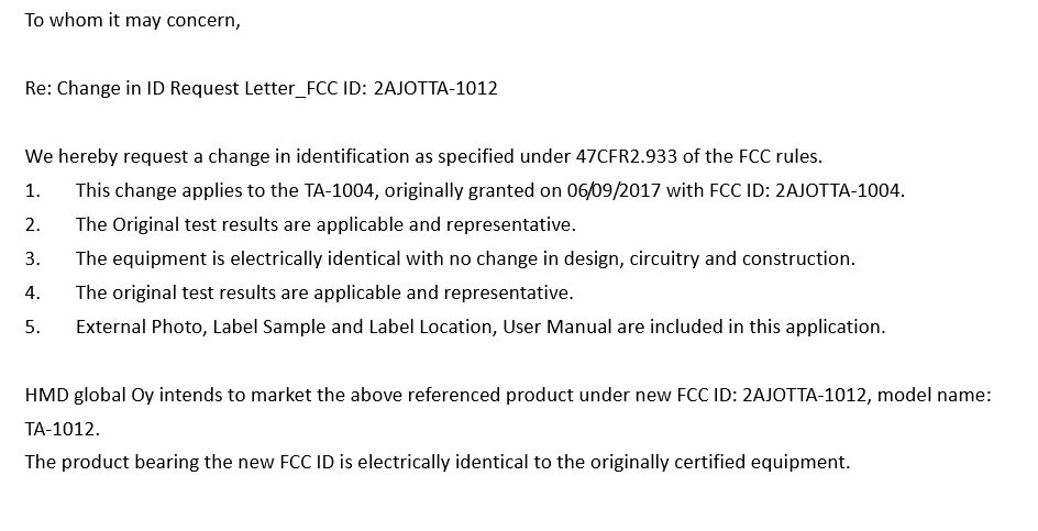 Petición de HMD Global a la FCC para el cambio de modelo del TA-1004 a TA-1012.