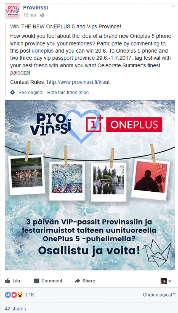 Post en Facebook del festival Provinssi que pone un OnePlus 5 como premio. 