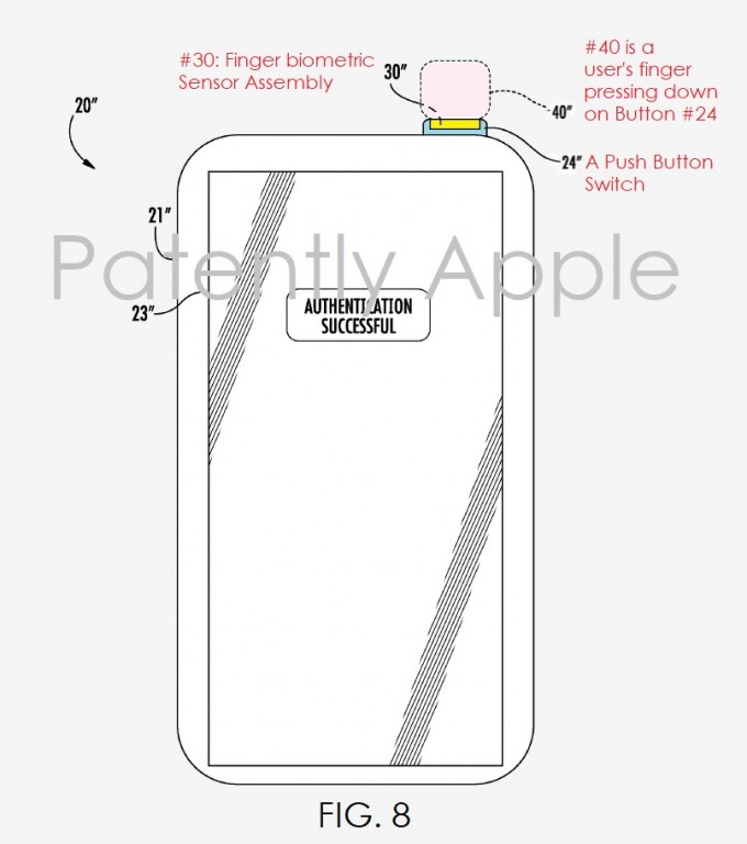 Ilustración de la patente del iPhone 8 con sensor de huellas en el botón de apagado.