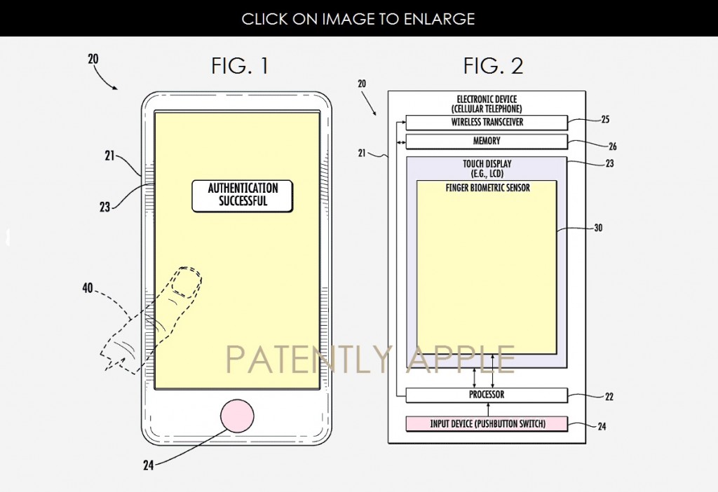 Ilustración de patente del iPhone 8 con sensor de huellas bajo el display.
