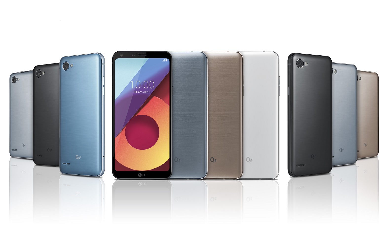 Render oficial exhibiendo las variantes de colores del LG Q6, el LG Q6 Plus y el LG Q6 Alpha.