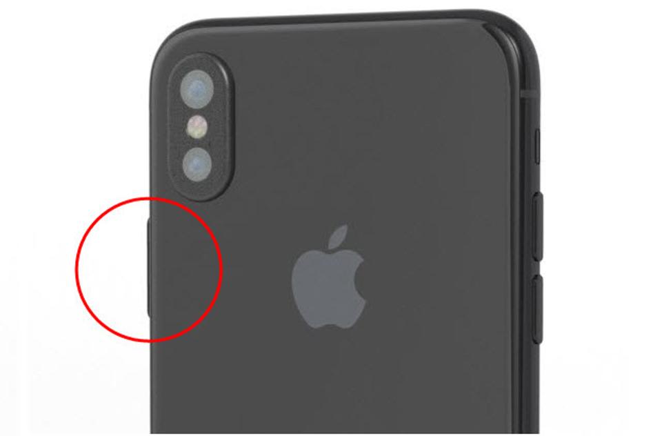 Imagen CAD del dorso del iPhone 8 que muestra en detalle lo grande del botón de apagar. 