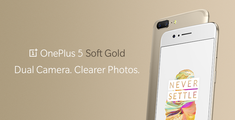 Banner publicitario oficial del OnePlus 5 Soft Gold. 