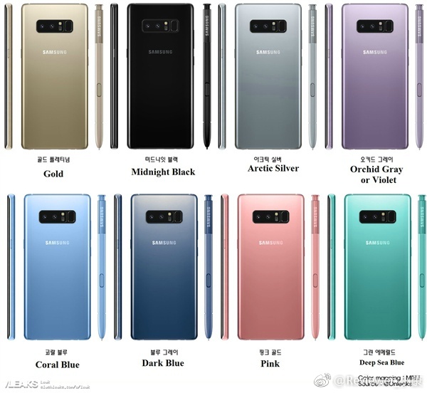 Render filtrado que muestra al Samsung Galaxi Note 8 en 8 colores diferentes. 