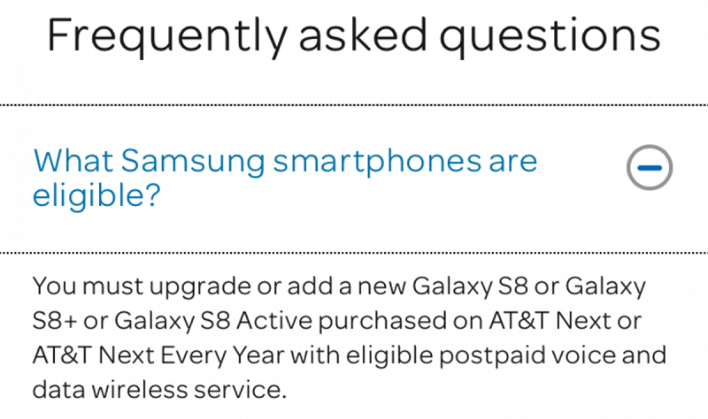 Captura de las FAQs de AT&T en el que admiten la existencia del Samsung Galaxy S8 Active. 