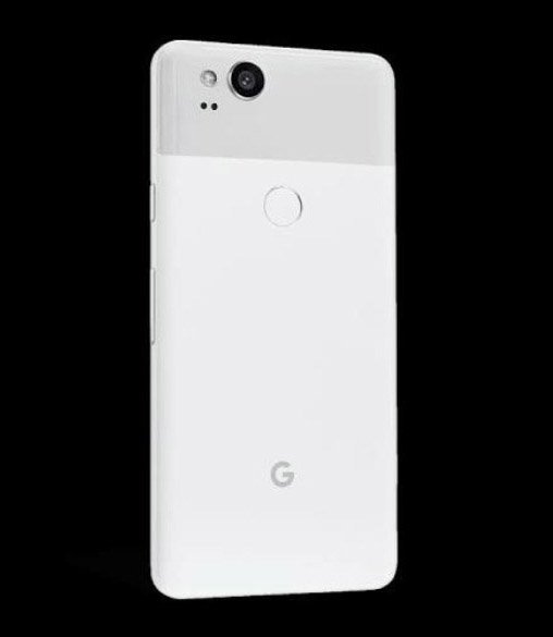 Render del Google Pixel 2 mostrando su dorso en la variante "Clearly White". 