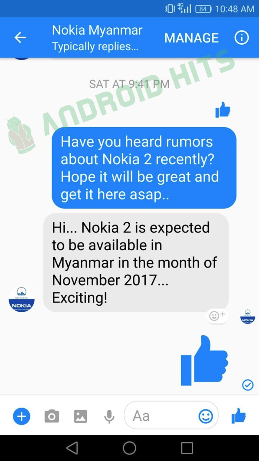 Captura de conversación entre un usuario y la página de Facebook de Nokia Myanmar. 