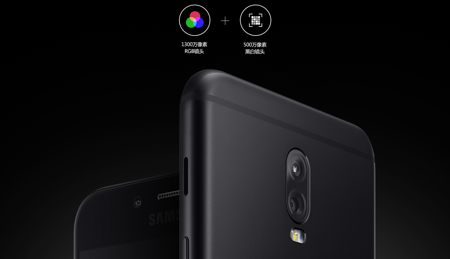 Render oficial del Samsung Galaxy C8 negro enfocando su cámara dual posterior. 