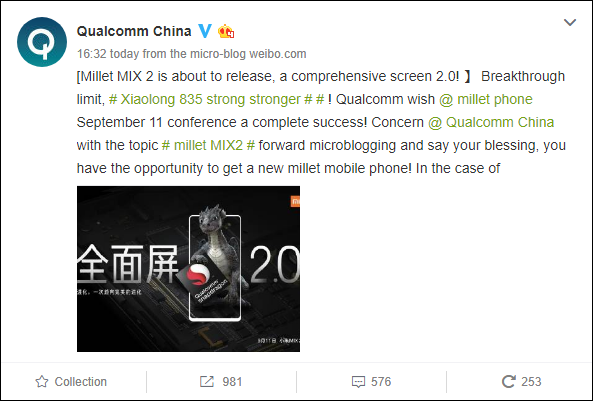 Mensaje de Qualcomm China en la red social Weibo traducido por Google Translate. 