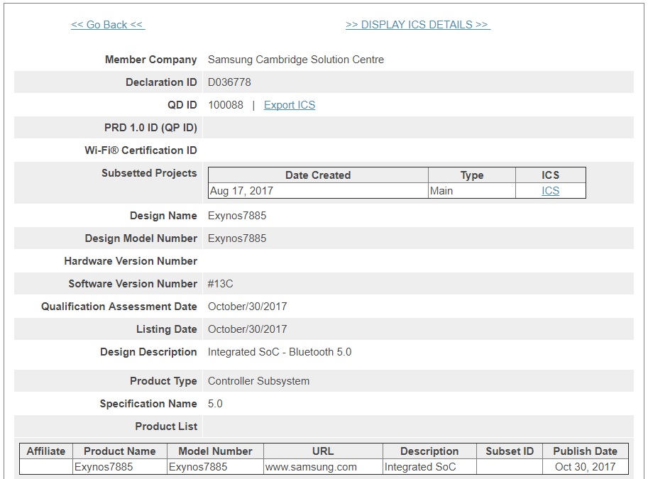 Captura de pantalla de algunas de las capacidades del Exynos 7885 según Bluetooth SIG.