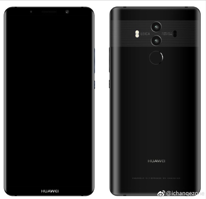 Render filtrado del frente y el dorso del Huawei Mate 10 Pro negro. 