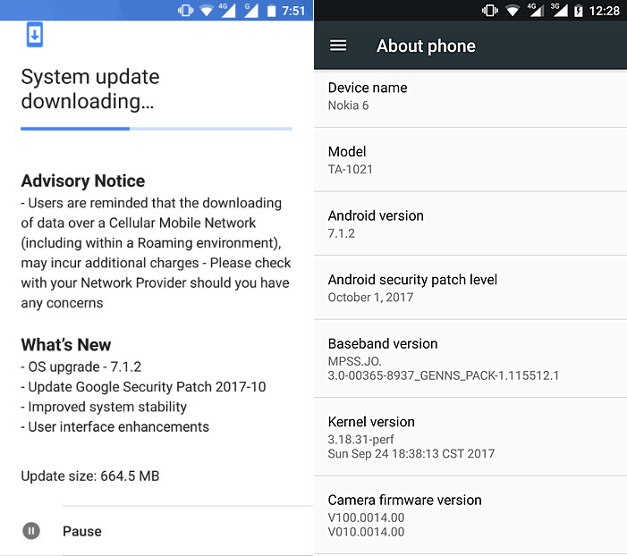 Captura de pantalla atestiguando la existencia de la verisón 7.1.2 de Android para el Nokia 6.