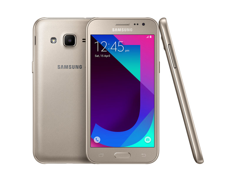 Render oficial del frente, dorso y arista izquierda del Samsung Galaxy J2 2017 Edition dorado.