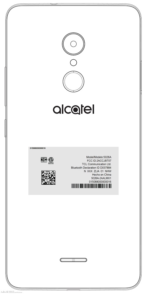 Render filtrado del dorso del Alcatel "5026A", posible Alcatel 3C. 