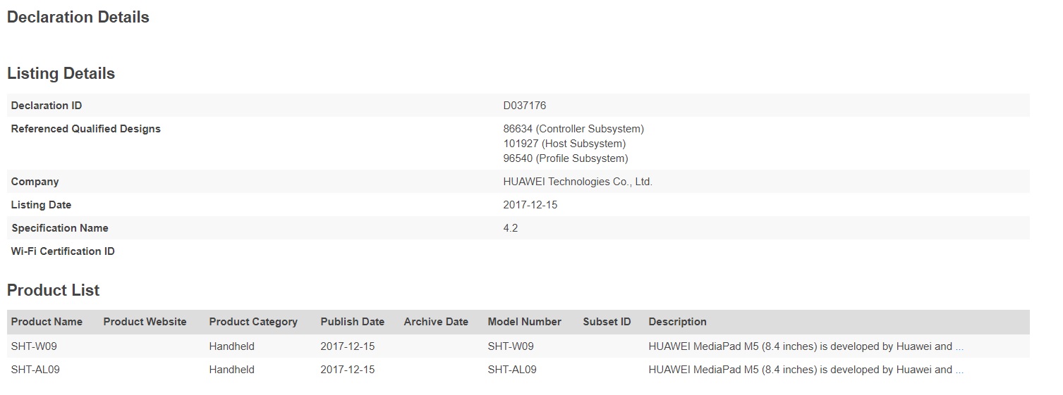 Características y números de modelo de la Huawei MediaPad M5 indexadas por Bluetooth SIG.