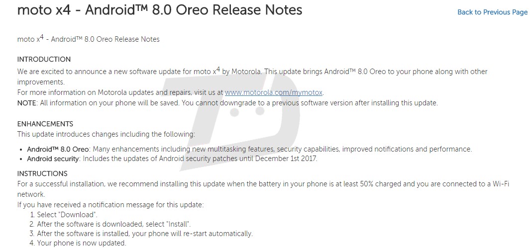 Changelog del Motorola Moto X4 que revela que pronto recibiría Android 8.0 Oreo.