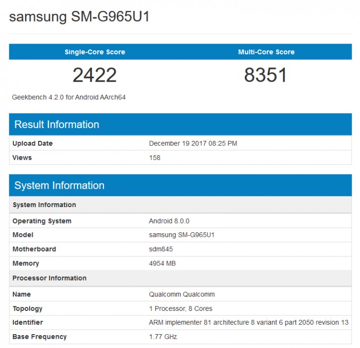 Resultados de benchmarking del Samsung Galaxy S9+ en el sitio Geekbench. 