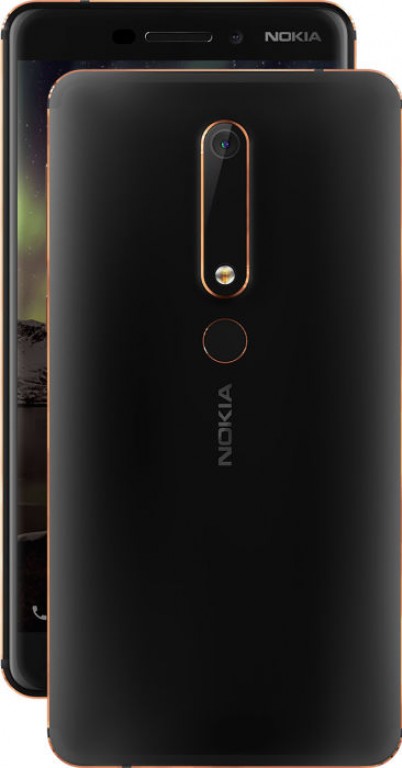 Render oficial del dorso y parte del frente del Nokia 6 (2018) color negro.