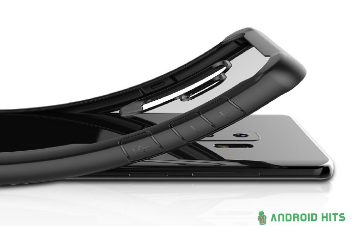 Render dorsal del Samsung Galaxy S9+ que muestra la aplicación de la carcasa protectora.