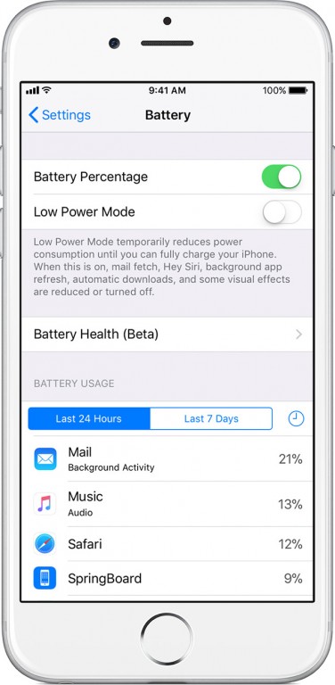 Captura de pantalla de la ubicación de Battery Health Beta en la beta de iOS 10.3