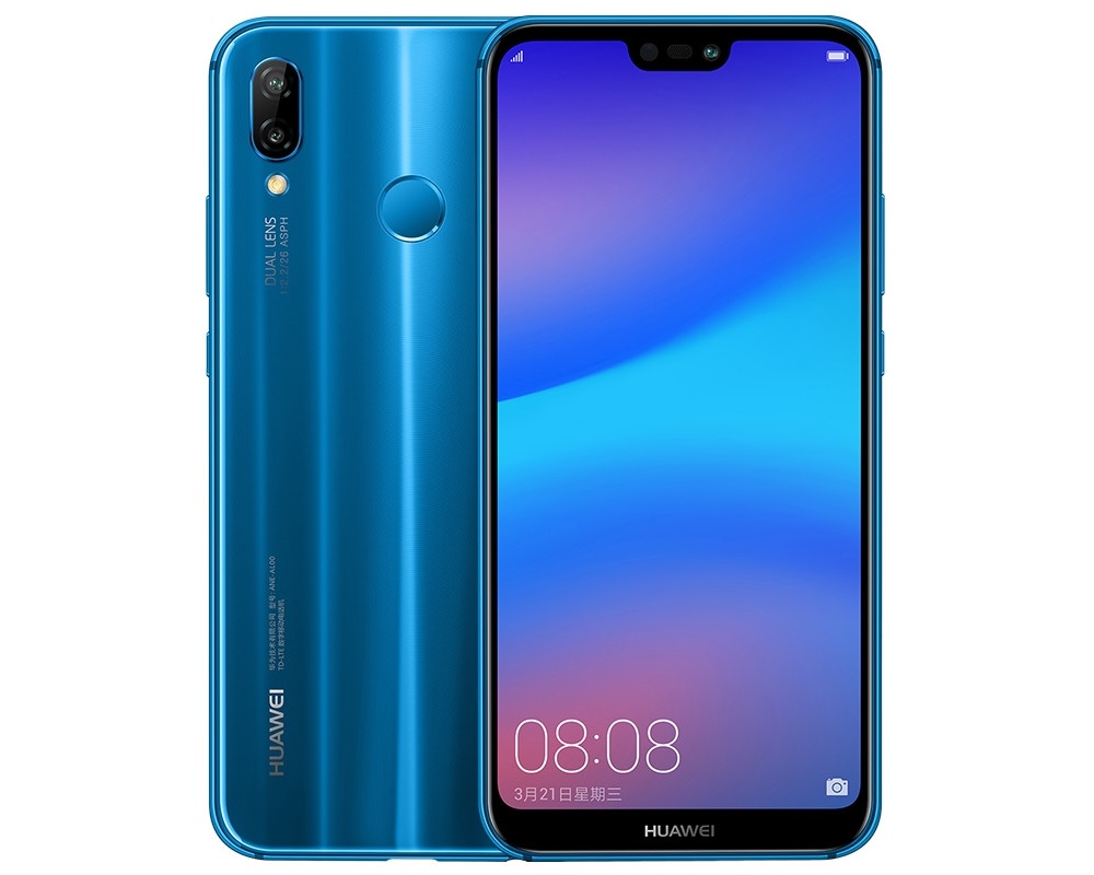 Render ofical del frente y del dorso del Huawei P20 Lite/Huawei Nova 3e color azul metalizado.