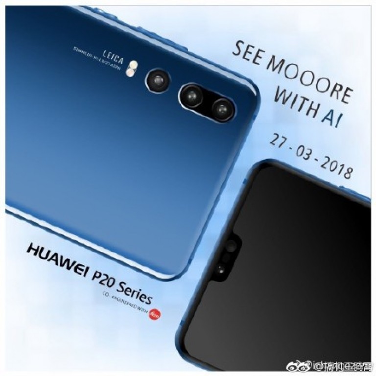 Primeros renders publicitarios oficiales del Huawei P20 color azul con cámara dorsal triple. 