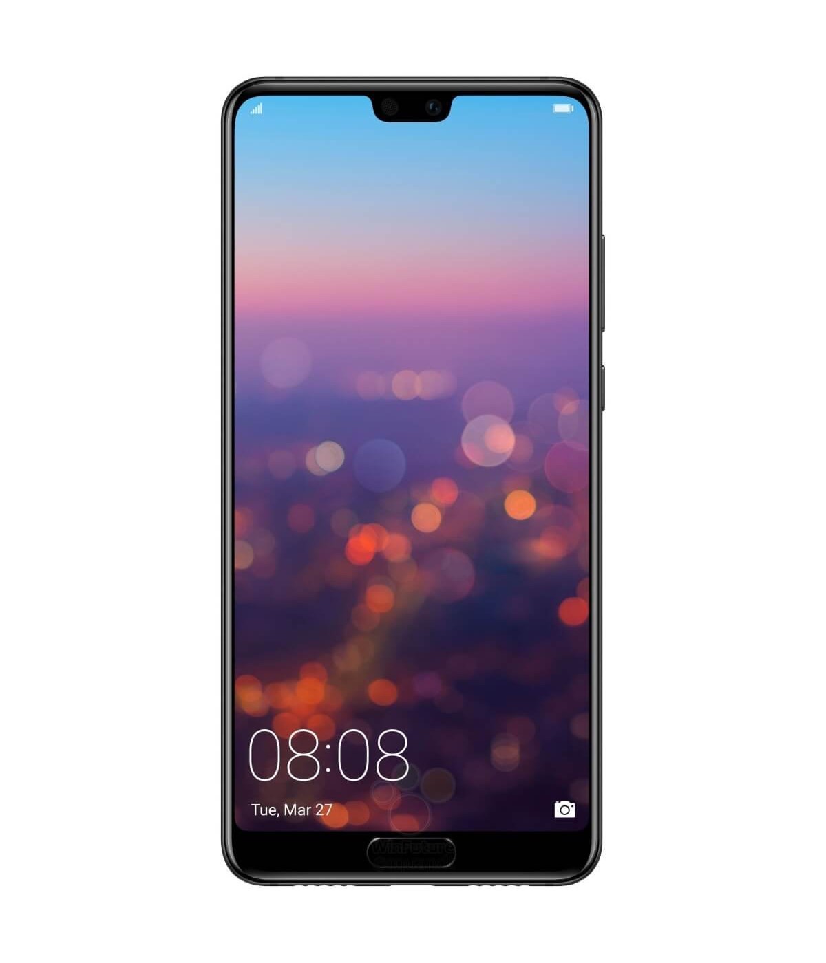 Render filtrado del frente del Huawei P20 en su variante color negro.