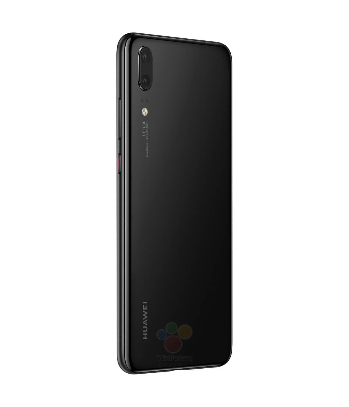 Render filtrado del dorso y arista derecha (perspectiva frontal) del Huawei P20 color negro.