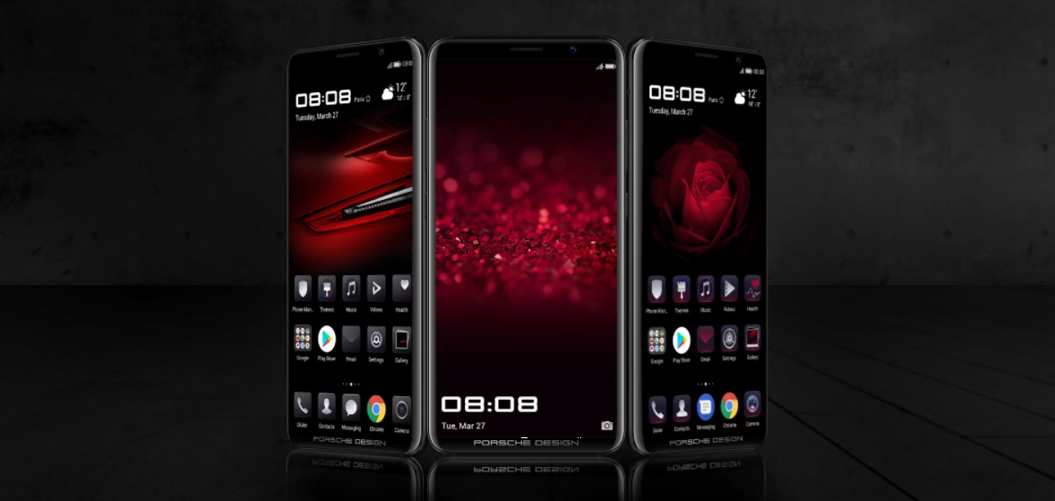 Render oficial del frente y ambos laterales del Huawei Porsche Design Mate RS negro.
