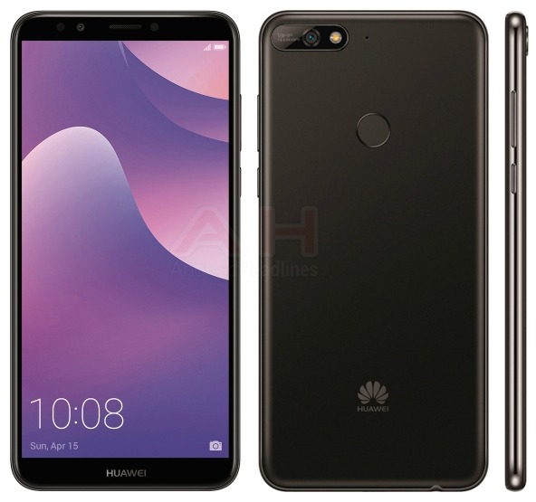 Render filtrado del frente, dorso y lateral derecho del supuesto Huawei Y7 (2018) .