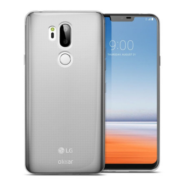 Render del frente y dorso del LG G7 vistiendo una carcasa protectora gris de Olixar.