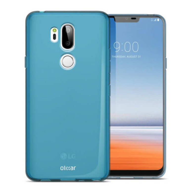 Render del frente y dorso del LG G7 vistiendo una carcasa protectora verde agua de Olixar.