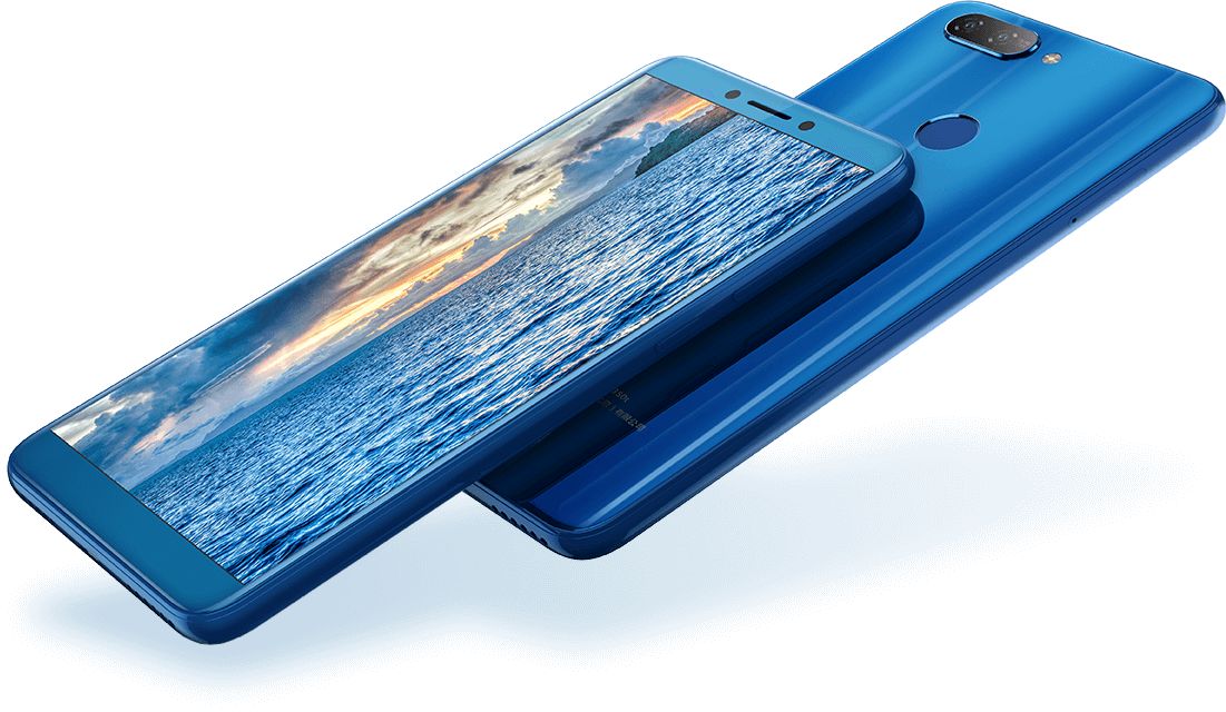 Render oficial del frente y dorso del Lenovo K5 color azul.