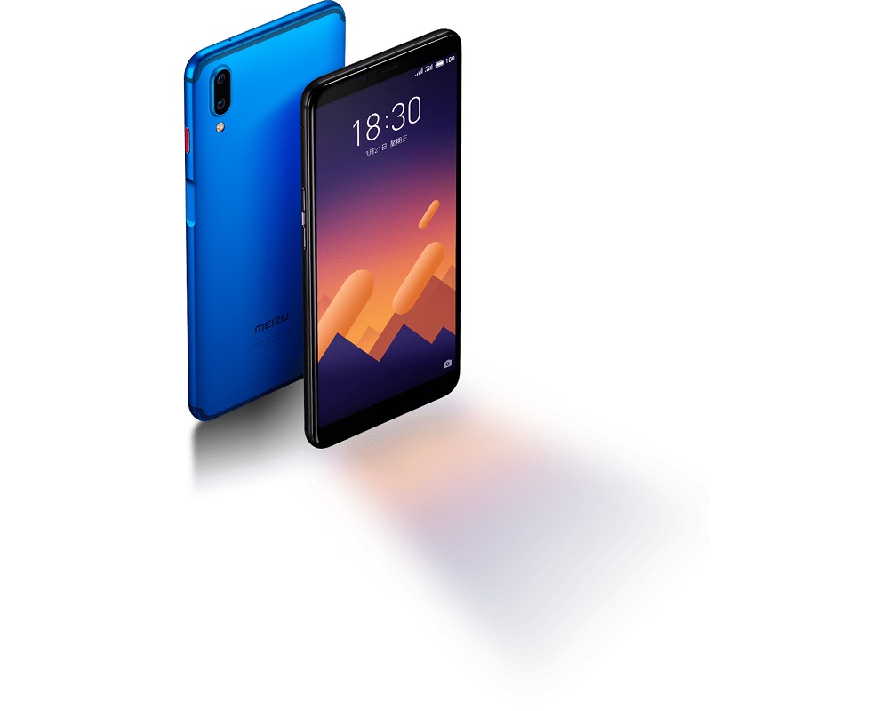 Render oficial del Meizu E3 mostrando el frente y dorso de su variante color azul.