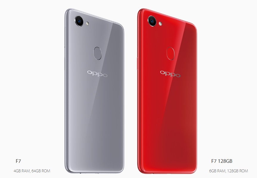 Render oficial del OPPO F7 mostrando sus dos variantes de color y de almacenamiento.