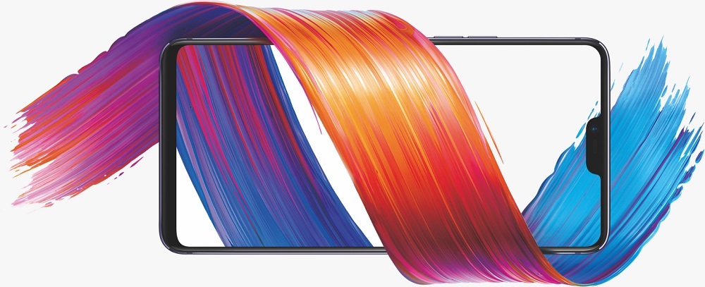 Render oficial del frente del OPPO R15 en posición apaisada.