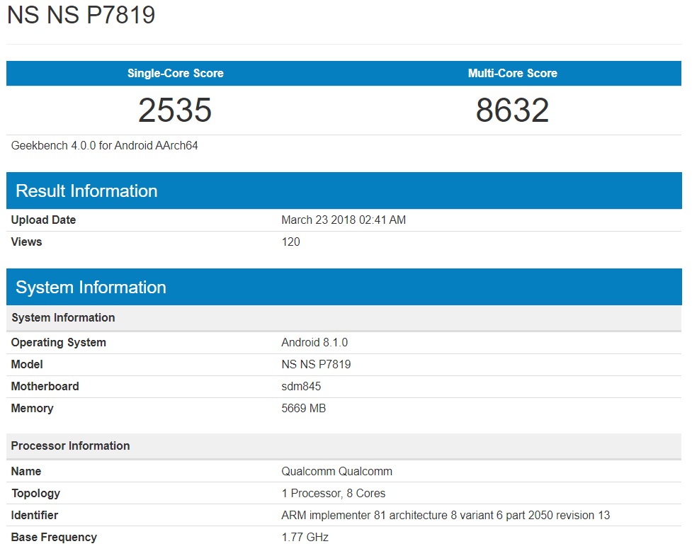 Captura de pantalla de la prueba de benchmarking del OnePlus 6 en el sitio Geekbench.