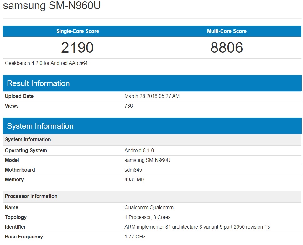 Resultados en prueba de benchmarking del supuesto Samsung Galaxy Note 9. 