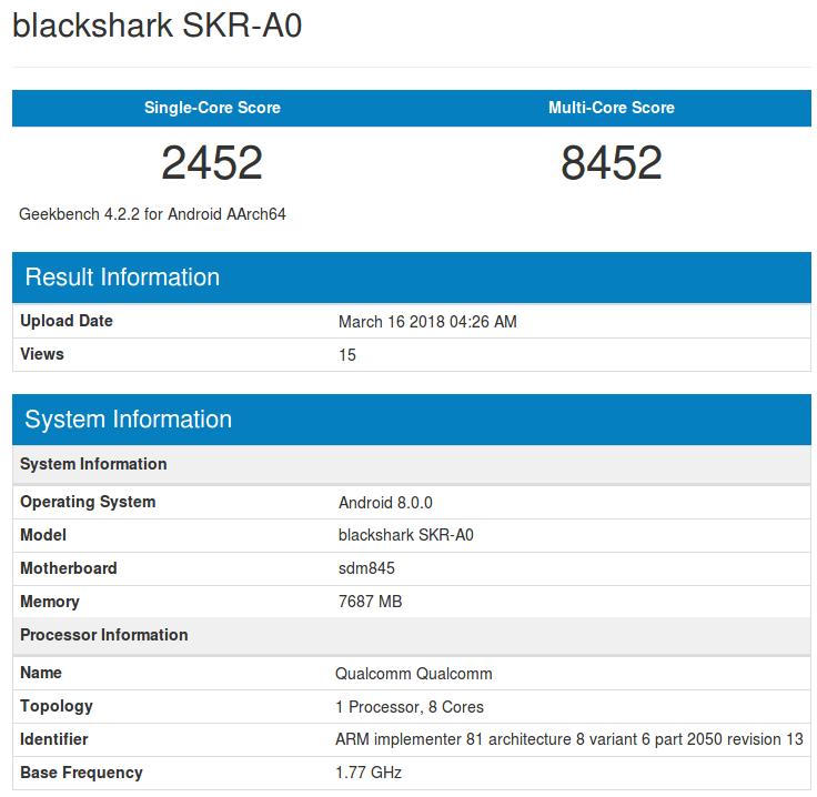Captura de pantalla de los resultados del Xiaomi Blackshark en Geekbench.