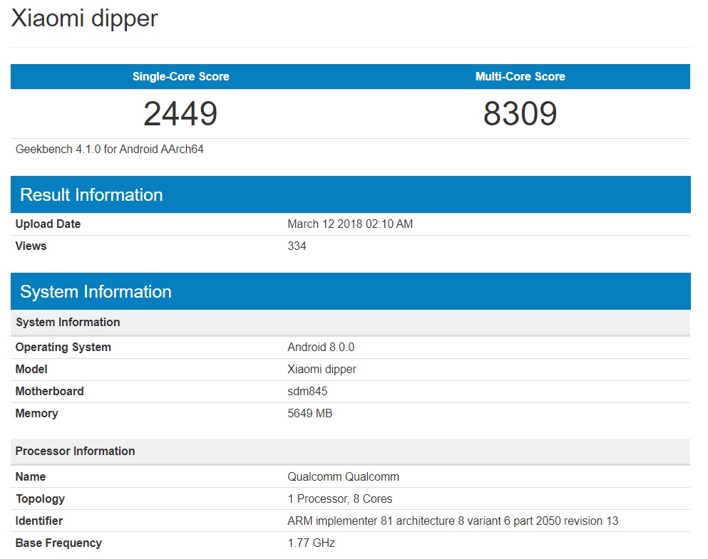 Características filtradas en Geekbench del Xiaomi "Dipper" que se cree será el Xiaomi "Mi 7".