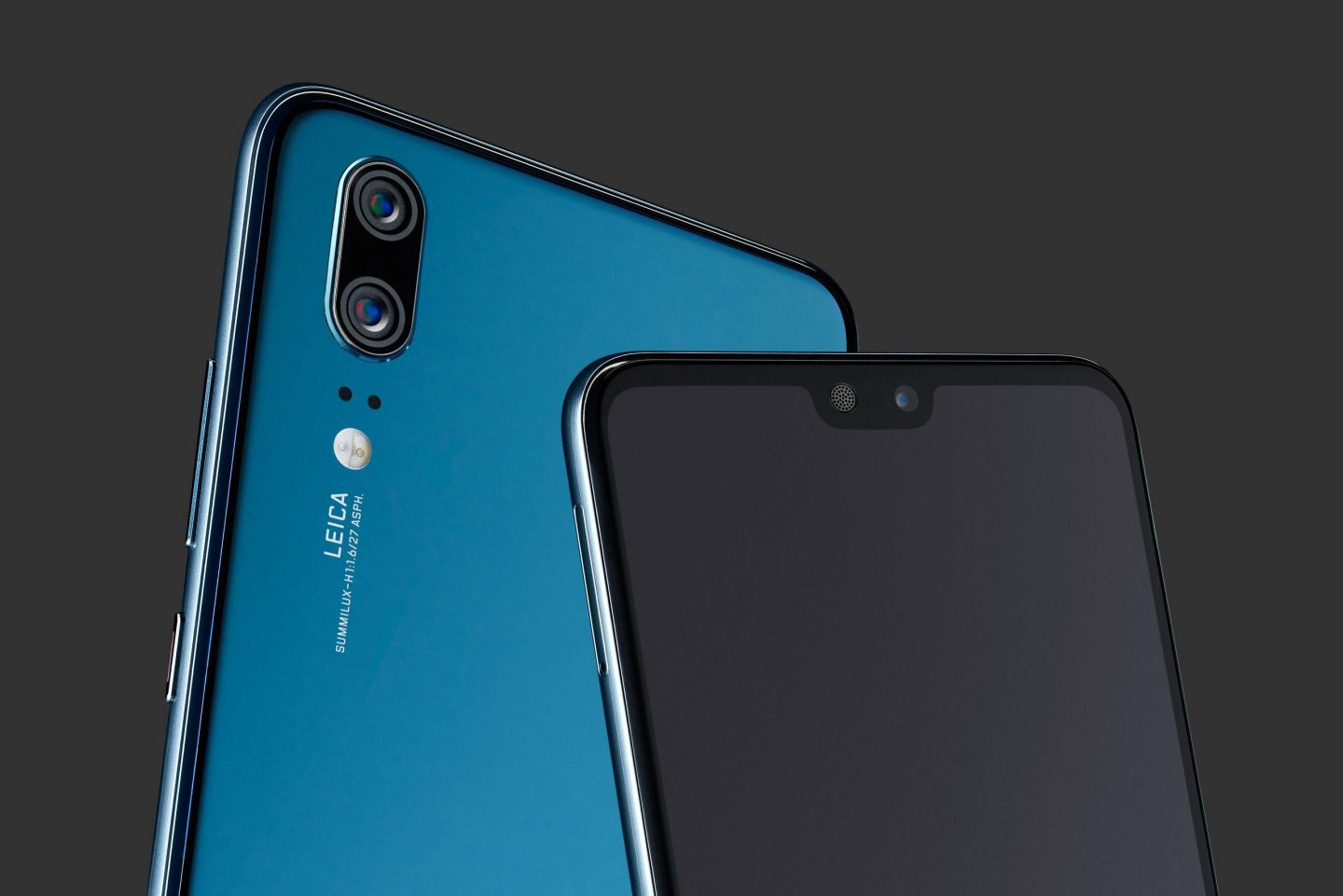 Render oficial de los extremos superiores del frente y del dorso del Huawei P20 azul.