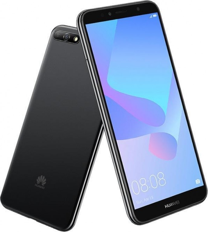 Render oficial del frente y dorso del Huawei Y6 (2018) color negro.