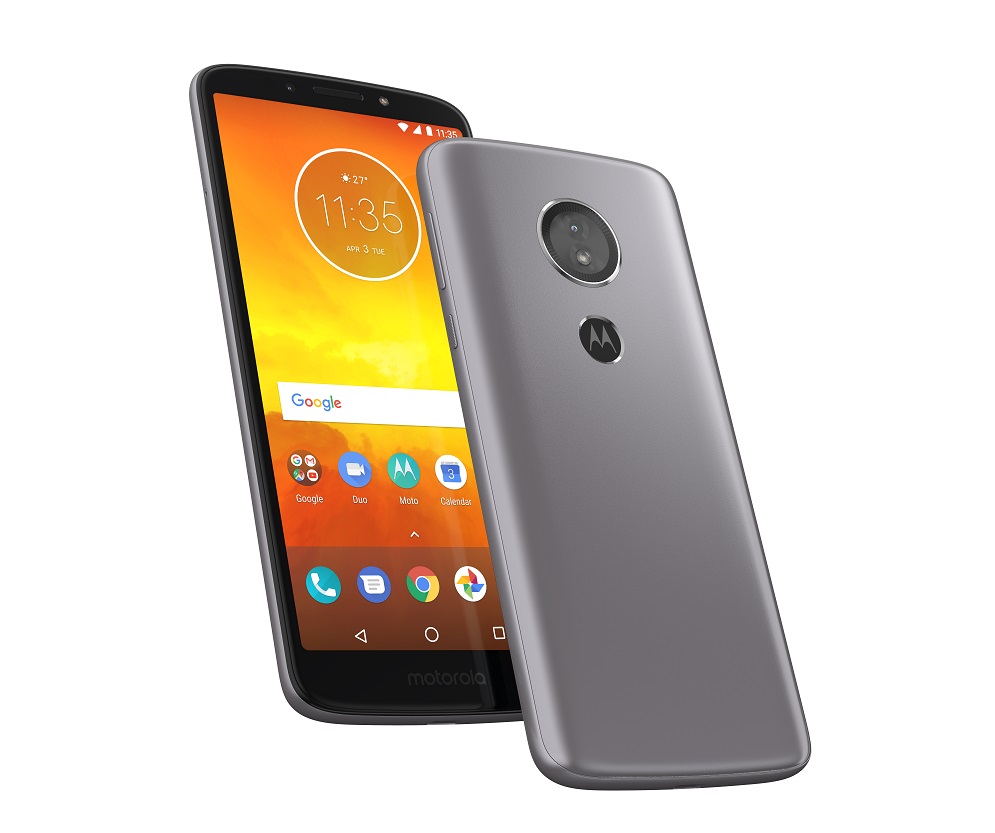Render oficial de otra perspectiva del frente y dorso del Motorola Moto E5 gris oscuro.