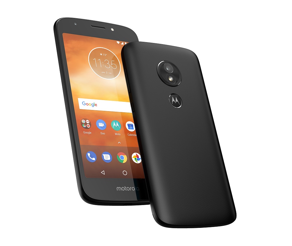 Render oficial de otra perspectiva del frente y dorso del Motorola Moto E5 Play negro.