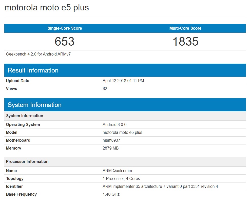 Características publicadas en Geekbench del Motorola Moto E5 Plus.