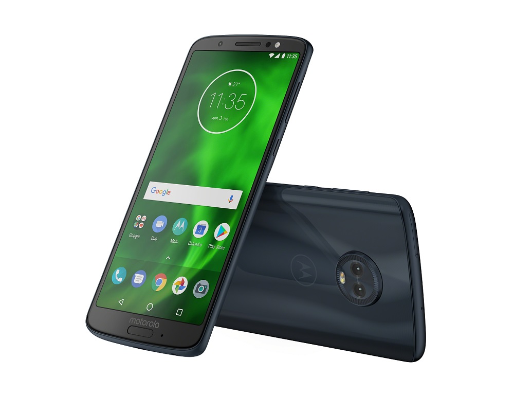 Render oficial del frente y dorso del Motorola Moto G6 azul índigo.