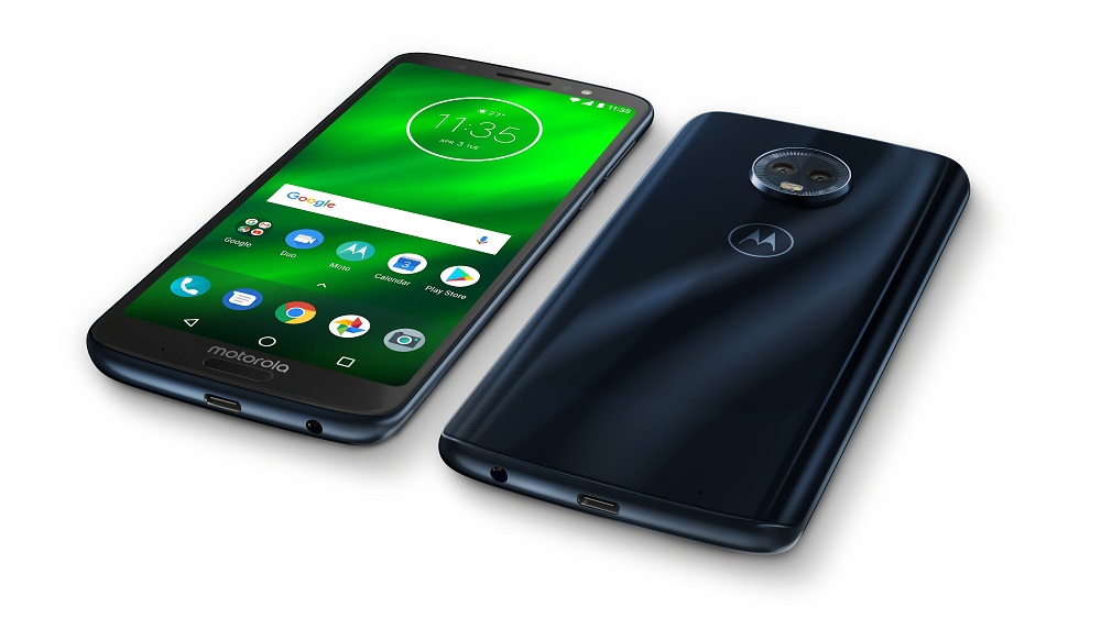 Render oficial del frente y dorso del Motorola Moto G6 Plus azul índigo.