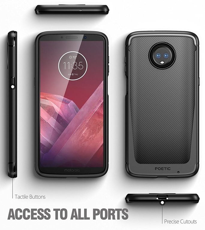Render filtrado del Motorola Moto Z3 Play con una carcasa protectora marca "Poetic".